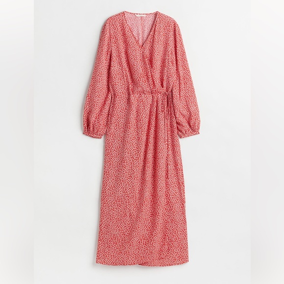 H&M Red Ditsy Floral Wrap Dress Size S Crepe Midi Long Sleeve Romantic - Picture 2 of 12